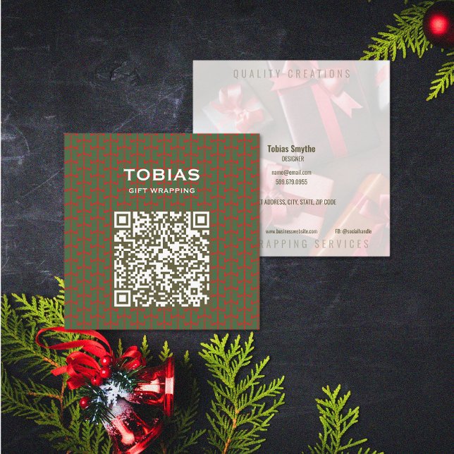 Tarjeta De Visita Cuadrada Código QR para Navidades modernos (Modern Christmas QR Code Square Business Card (front and back))
