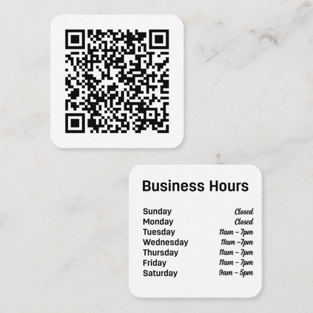 Tarjeta De Visita Cuadrada Código QR personalizado con horas de trabajo (Anverso / Reverso)
