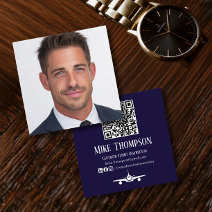 Tarjeta De Visita Cuadrada Código QR Profesional de Foto Azul y Blanco de Avi