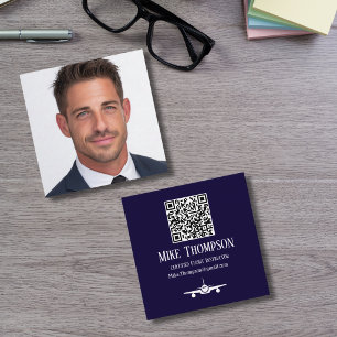 Tarjeta De Visita Cuadrada Código QR profesional de piloto azul de aviación f