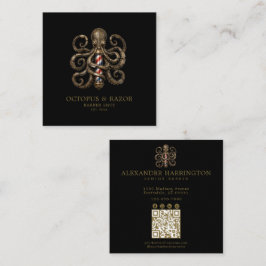 Tarjeta De Visita Cuadrada Código Qr Profesional Pulpo de Bronce de Barbería
