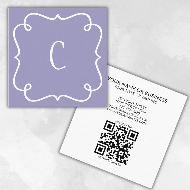 Tarjeta De Visita Cuadrada Código QR púrpura de moda mínima monogramada (Subido por el creador)
