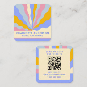 Tarjeta De Visita Cuadrada Código QR Retro 70s Colorido Rayos Abstractos