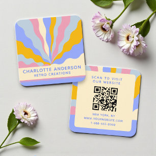 Tarjeta De Visita Cuadrada Código QR Retro 70s Colorido Rayos Abstractos