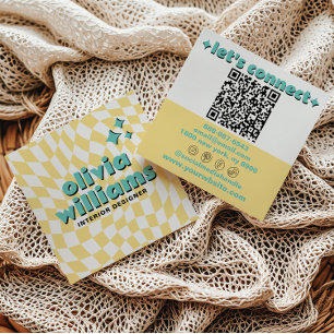 Tarjeta De Visita Cuadrada Código QR Retro Bold Gráfico Boho de Moda