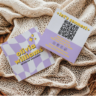 Tarjeta De Visita Cuadrada Código QR Retro Bold Groovy Cuadrado Boho Funky
