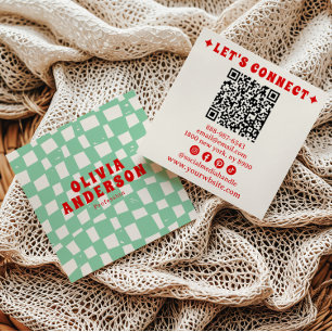 Tarjeta De Visita Cuadrada Código QR Retro Gráfico Cuadriculado Boho Moderno 