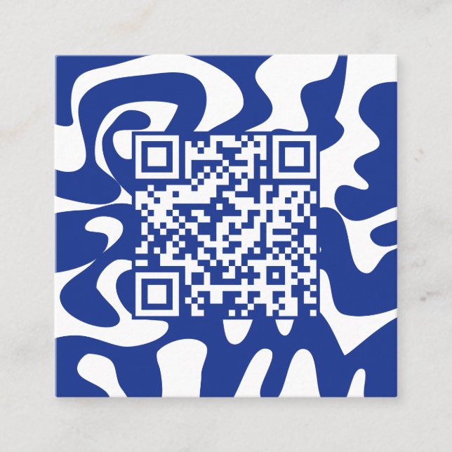 Tarjeta De Visita Cuadrada Código QR Retro Groovy Blue White Squiggys Hola (Anverso)