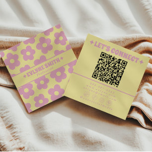 Tarjeta De Visita Cuadrada Código QR Rosa Amarillo Retro Floral Groovy Boho F
