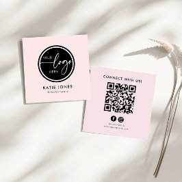 Tarjeta De Visita Cuadrada Código QR Rosa Blanco Logotipo Personalizado Conéc