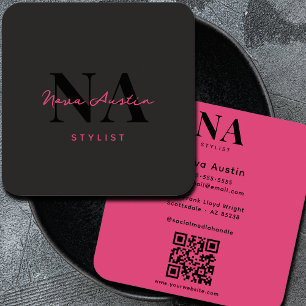 Tarjeta De Visita Cuadrada Código QR Rosa Brillante Estética de Moda Monogram