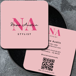 Tarjeta De Visita Cuadrada Código QR Rosa Caliente Estética de Lujo con Monog