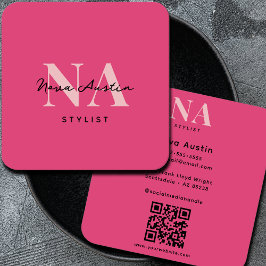 Tarjeta De Visita Cuadrada Código QR Rosa Caliente Estética de Lujo Monograma