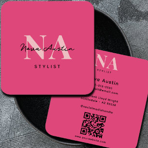 Tarjeta De Visita Cuadrada Código QR Rosa Caliente Estética de Lujo Monograma