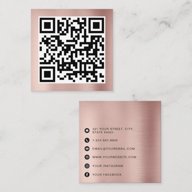 Tarjeta De Visita Cuadrada Código QR Rosa Minimalista moderno rosa dorado (Anverso / Reverso)