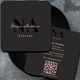 Tarjeta De Visita Cuadrada Código QR Rosa Negro Estética de Lujo Monograma