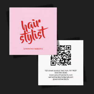 Tarjeta De Visita Cuadrada Código qr rosa rojo de guion de estilista de cabel