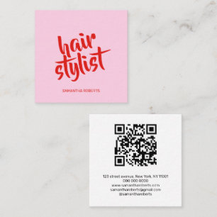 Tarjeta De Visita Cuadrada Código qr rosa rojo de guion de estilista de cabel