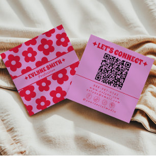 Tarjeta De Visita Cuadrada Código QR Rosa Rojo Retro Floral Groovy Femenino d