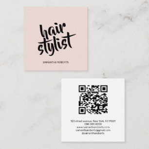 Tarjeta De Visita Cuadrada Código QR rosa suave de guion de estilista de cabe