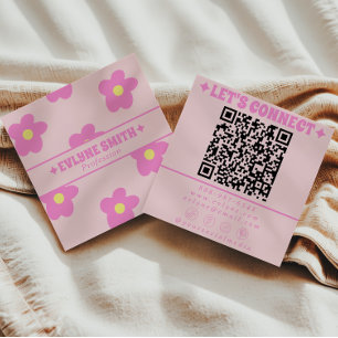 Tarjeta De Visita Cuadrada Código QR Rosa Suave Retro Floral Groovy Boho Feme