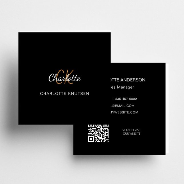 Tarjeta De Visita Cuadrada Código Qr simple de monograma dorado negro (Subido por el creador)