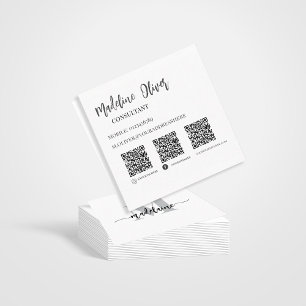 Tarjeta De Visita Cuadrada Código QR Socials Monograma blanco negro elegante