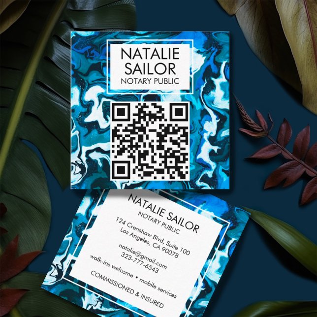 Tarjeta De Visita Cuadrada CÓDIGO QR único de mármol azul Notario público mod (Blue marble square business cards with customizable QR code)