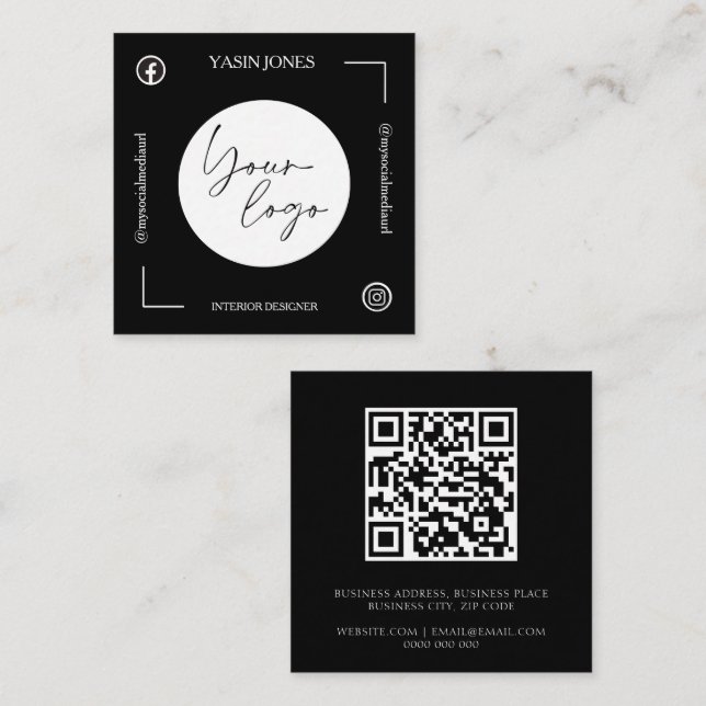 Tarjeta De Visita Cuadrada Código QR único en blanco y negro (Anverso / Reverso)