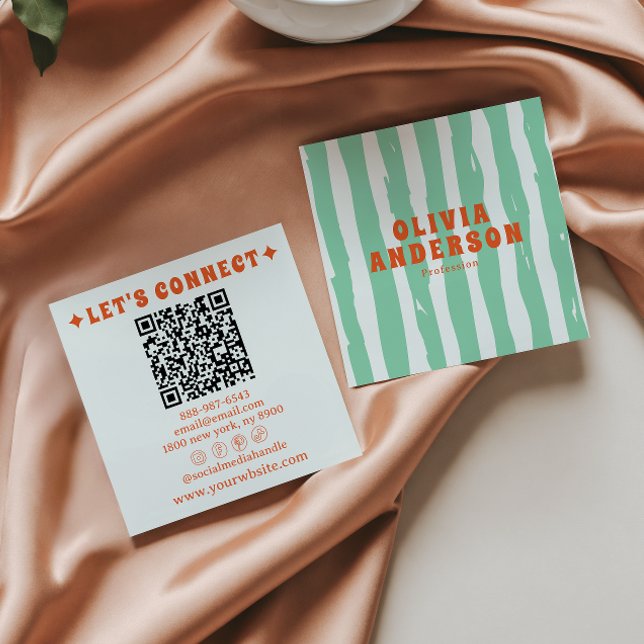 Tarjeta De Visita Cuadrada Código QR único retro negrita verde boho groovy (Subido por el creador)