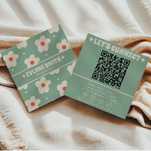 Tarjeta De Visita Cuadrada Código QR Verde Crema Retro Floral Divertido de Mo