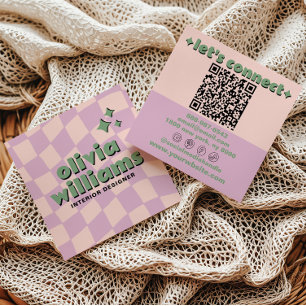 Tarjeta De Visita Cuadrada Código QR Verde Rosa Retro Cuadros de Moda Femenin