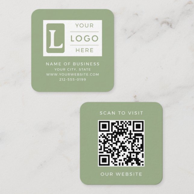 Tarjeta De Visita Cuadrada Código QR Verde Sabio Moderno Logotipo Personaliza (Anverso / Reverso)