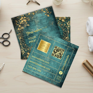 Tarjeta De Visita Cuadrada Código Qr Vintage Esmeralda Verde Dorado y Negro 