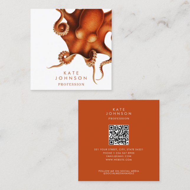 Tarjeta De Visita Cuadrada Códigos QR de Octopus Costero moderno Medios socia (Anverso / Reverso)