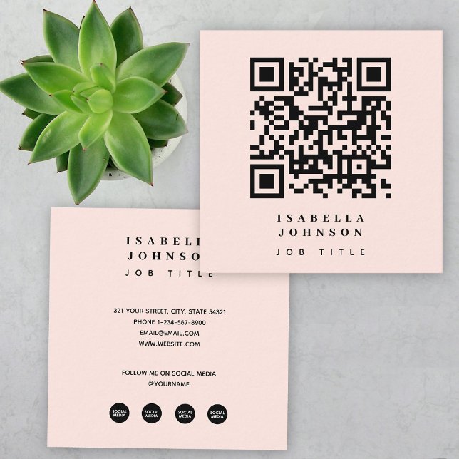 Tarjeta De Visita Cuadrada Códigos QR rosados modernos de Rubor Iconos de med (Modern Blush Pink QR Code Social Media Icons Square Business Card)