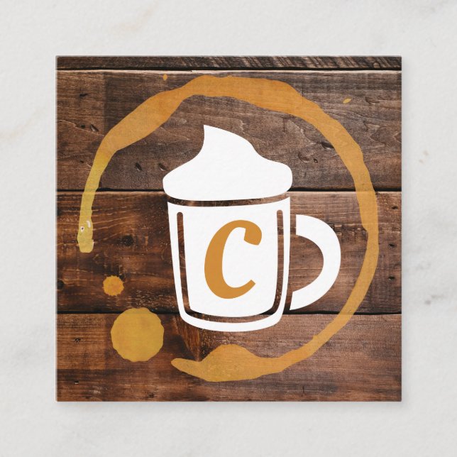 Tarjeta De Visita Cuadrada Coffee Stain | Café Barista Trim de Madera (Anverso)