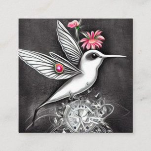 Tarjeta De Visita Cuadrada Colibrí blanco y flores rosadas