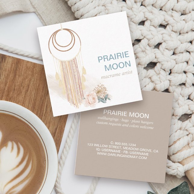 Tarjeta De Visita Cuadrada Colocación de la pared de Macrame de la Moda Boho (Macrame wallhanging boho feminine square business card in neutral color story)