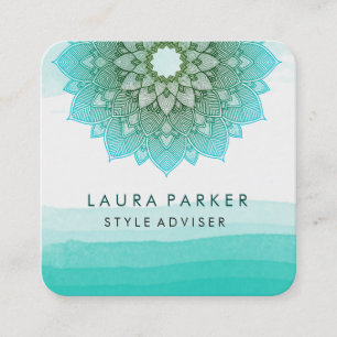 Tarjeta De Visita Cuadrada Color azul Verde azulado Lotus Floral Mandala Yoga