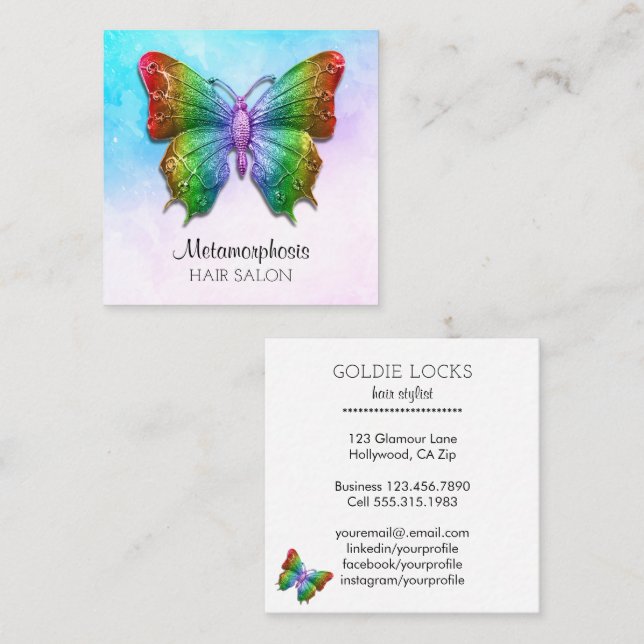 Tarjeta De Visita Cuadrada Colores sociales del arco iris de la mariposa de (Anverso / Reverso)
