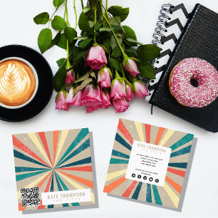 Tarjeta De Visita Cuadrada Colorful Retro Rainbow Sunburst QR Code
