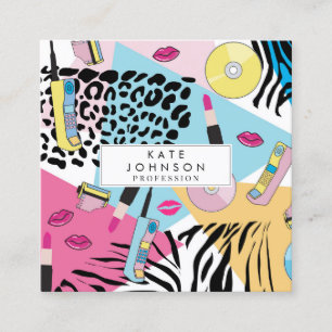 Tarjeta De Visita Cuadrada Colorida Retro 1990 Novedades Código QR Medios soc