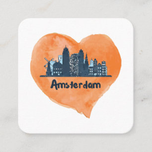 Tarjeta De Visita Cuadrada Colorido Amsterdam City Skyline Watercolor Heart P