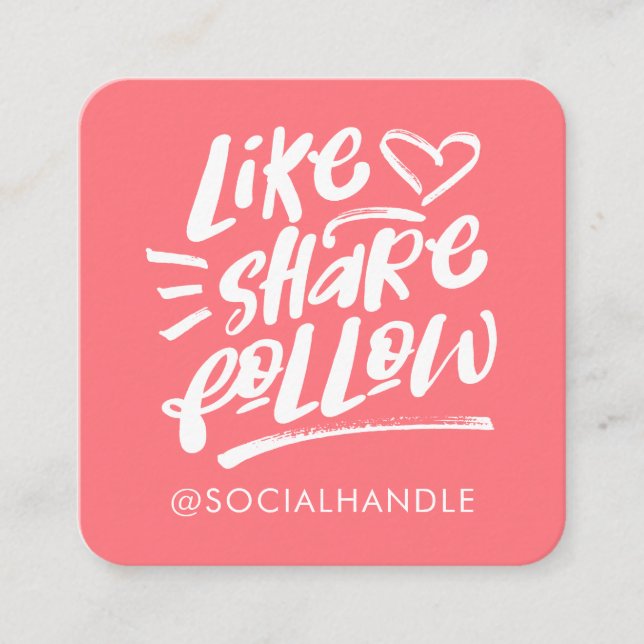 Tarjeta De Visita Cuadrada Como Compartir seguir Guión de Pincel Coral Medios (Anverso)