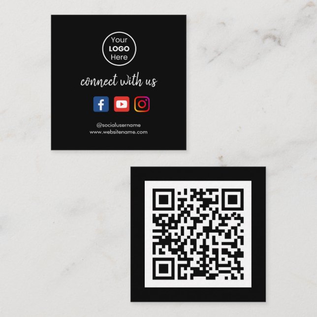 Tarjeta De Visita Cuadrada Conectarse con nosotros | Red social QR Code Black (Anverso / Reverso)