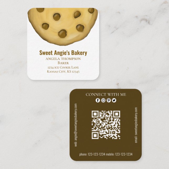 Tarjeta De Visita Cuadrada Conectarse conmigo | Cookie de panadería simple co (Anverso / Reverso)