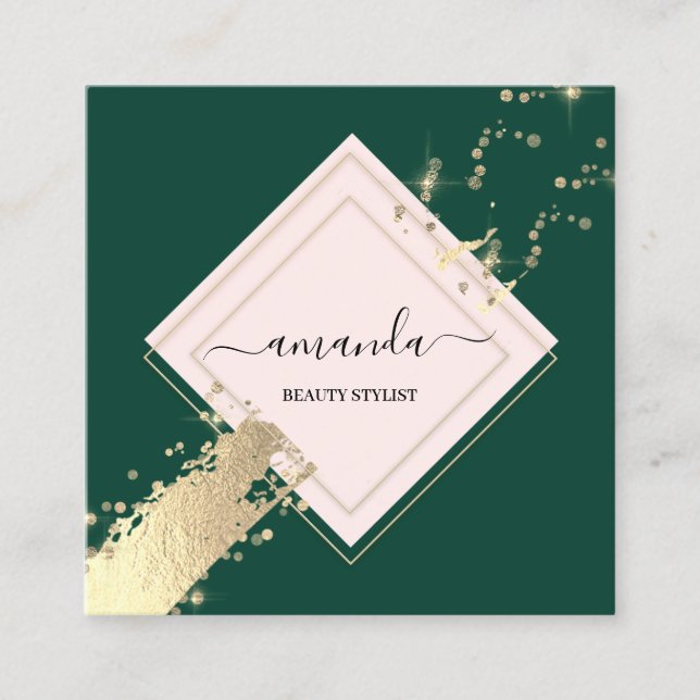 Tarjeta De Visita Cuadrada Confetti verde de marco Rosa profesional (Anverso)