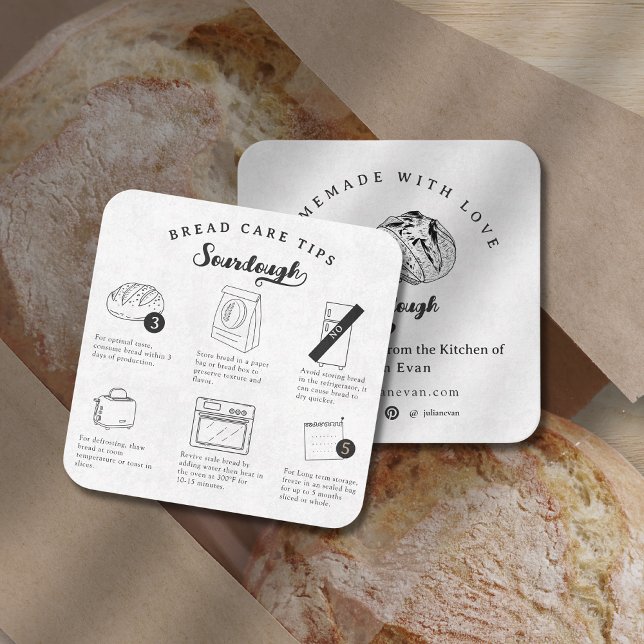 Tarjeta De Visita Cuadrada Consejos modernos y sencillos para el cuidado del  (Modern Simple Homemade Sourdough Bread Care Tips Square Business Card)