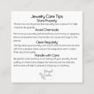 Tarjeta De Visita Cuadrada Consejos para el cuidado de joyas de gemas